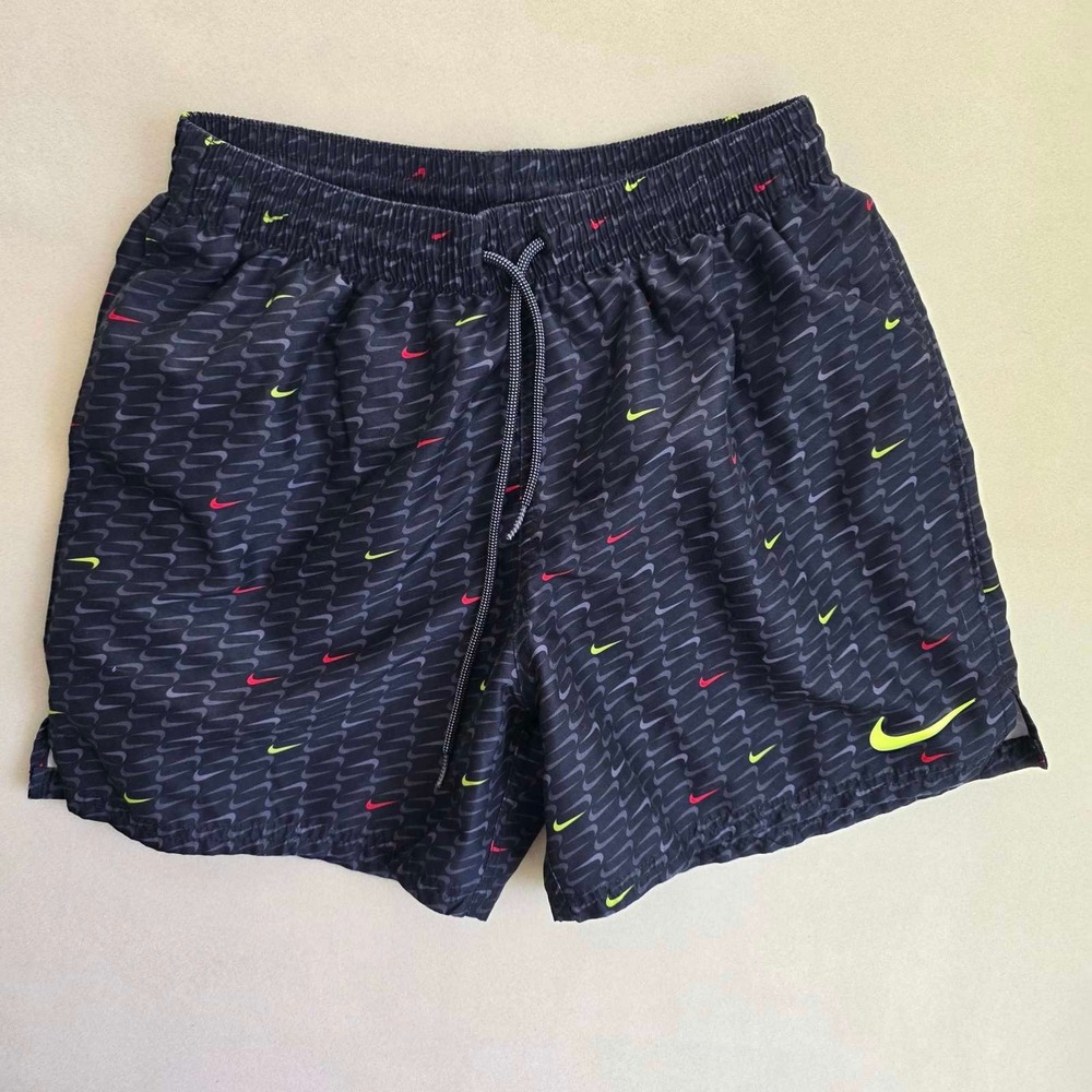 Nike Swim Shorts Mens Size M Black Red Neon Yellow Swoosh Pattern NESS485 Medium